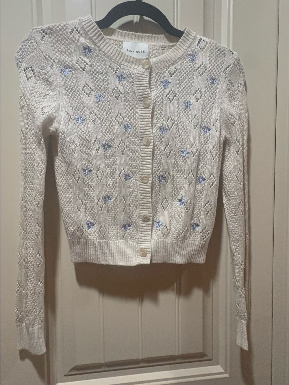 Pink Rose Cream Floral Embroidered Pointelle Knit Cardigan & Cami Tank Top Set